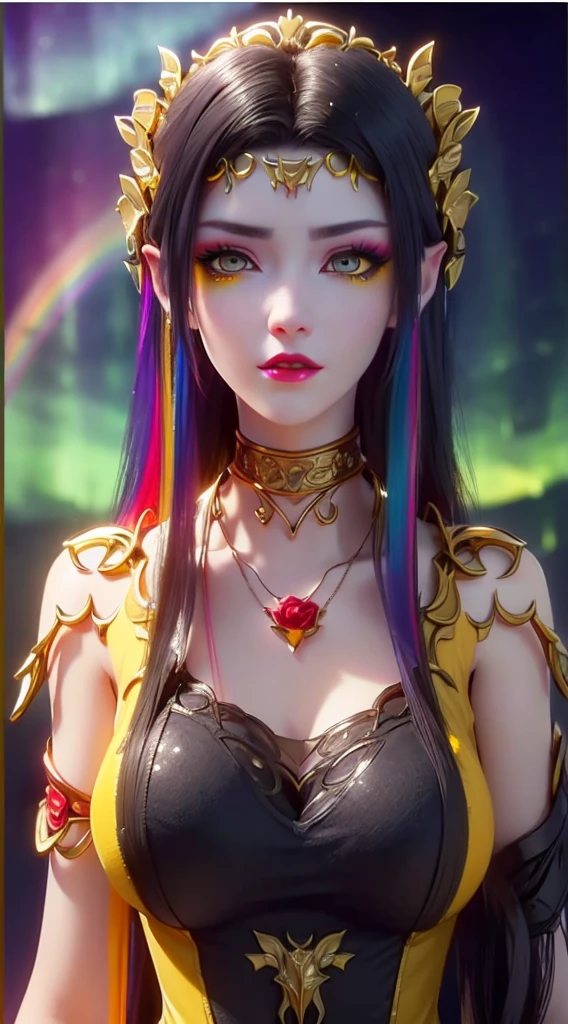 1 20 year old girl, 1 goddess Athena, pink purple silk dress, beautiful goddess Athena face without blemishes, delicate yellow nightgown, long thin sequin nightgown with many sexy black lace details, 1 beautiful thin red silk cloth half veil, female saint legend, female saint icon, beautiful goddess style glitter, dark and mysterious version, vermilion lips, plump red lips, not smiling, mouth closed, delicate and beautiful pino detailing, delicate and beautiful lip detail, , (pure and flawless face: 1.9), female saint body, round chest, big and round breasts, phoenix brooch, long flat bangs, (7-color rainbow hair: 1.9), flower stickers tattoo on forehead, beautiful clear face and well-proportioned eyes, (transparent yellow eyes: 1.8), (big round eyes and makeup, sexy wet eye makeup, very beautiful and meticulous hair makeup, long and delicate blonde hair, delicate, body image: 1.8), figure: and vivid, (stars that make up the sky: 1.7), (the sky of heaven and the fictitious gate of time and space: 1.8), fictional art, RAW photos, hanfu photos, best photos, high resolution, best quality, best photos, best goddess quality, 8k female, super 8 single saint portraits, truest color schemes, masterpieces, best beauty brands, best hair jewelry, brand real photo, dark studio, border light, two-tone lighting, (rose white skin: 1.4), (high skin detail: 1.1), 8k uhd, d slr, soft light, 8k, high quality, candid, volume Smooth and sharp, 10x pixel increase, sexy goddess, sexy goddess, (background space: 1.8), (most beautiful aurora eyes: 1.7), beautiful eyes, aurora beautiful and flowery, (beautiful single girl: 1.8), (more details:0.8),