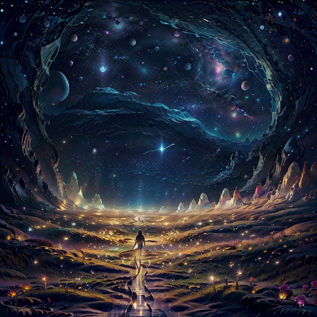 1 girl elfmasterpiece, super beautiful starry night sky, galaxy, an elf woman wearing a translucent transparent outfit walking through a flowery Dune, low angle shot camera perspective. Curvy seductive body, super long light blonde hair, detailed body. from behind, starry background, clear night. fireflies.