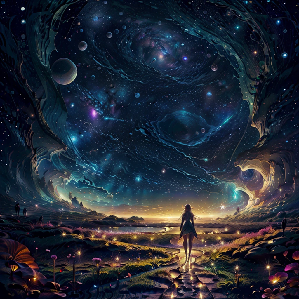 1 girl elfmasterpiece, super beautiful starry night sky, galaxy, an elf woman wearing a translucent transparent outfit walking through a flowery Dune, low angle shot camera perspective. Curvy seductive body, super long light blonde hair, detailed body. from behind, starry background, clear night. fireflies.