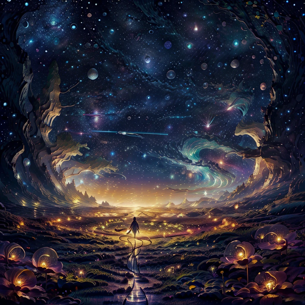 1 girl elfmasterpiece, super beautiful starry night sky, galaxy, an elf woman wearing a translucent transparent outfit walking through a flowery Dune, low angle shot camera perspective. Curvy seductive body, super long light blonde hair, detailed body. from behind, starry background, clear night. fireflies.