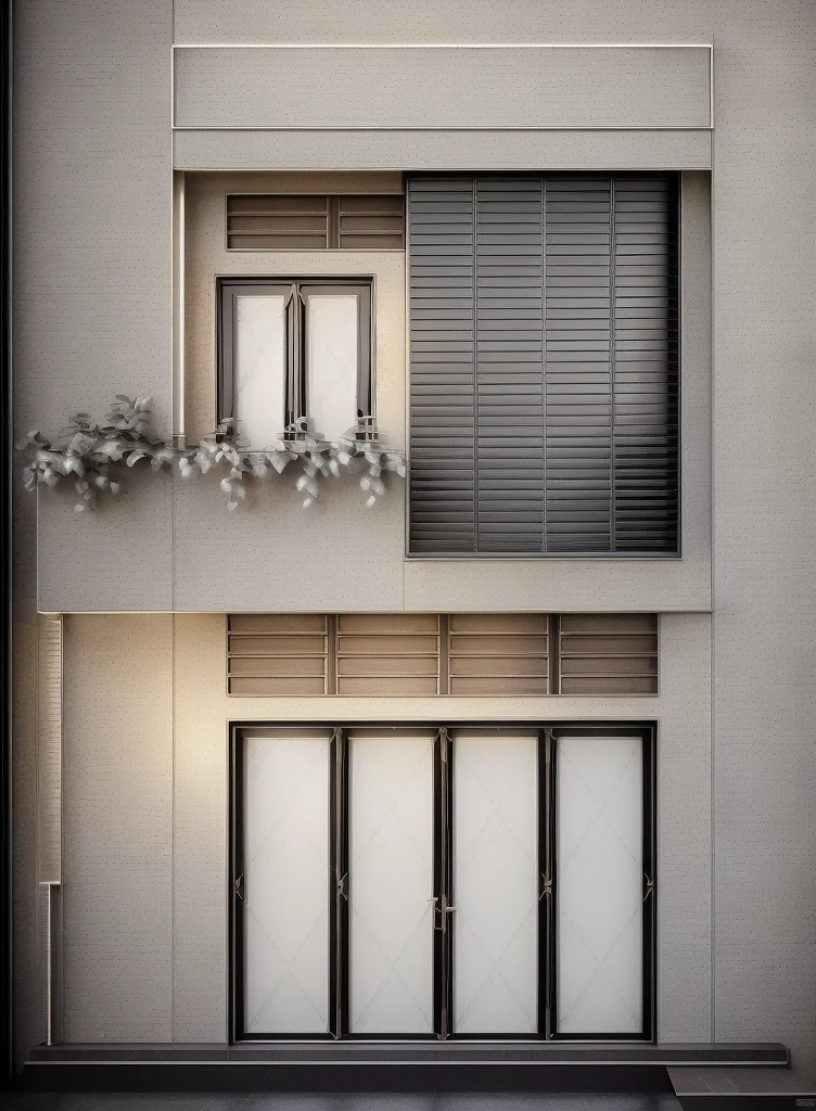 HOUSE FACADE design, Super sharp like a photo taken with a professional camera, (Masterpiece, best quality, 8k uhd, dslr, soft light, high quality, super detailed, film grain, Fujifilm XT3, UE 5 render 8k, super high resolution, super detail :1.2), color block wall decoration, abstract poster decoration, glossy floor, (((volumetric lamp)))