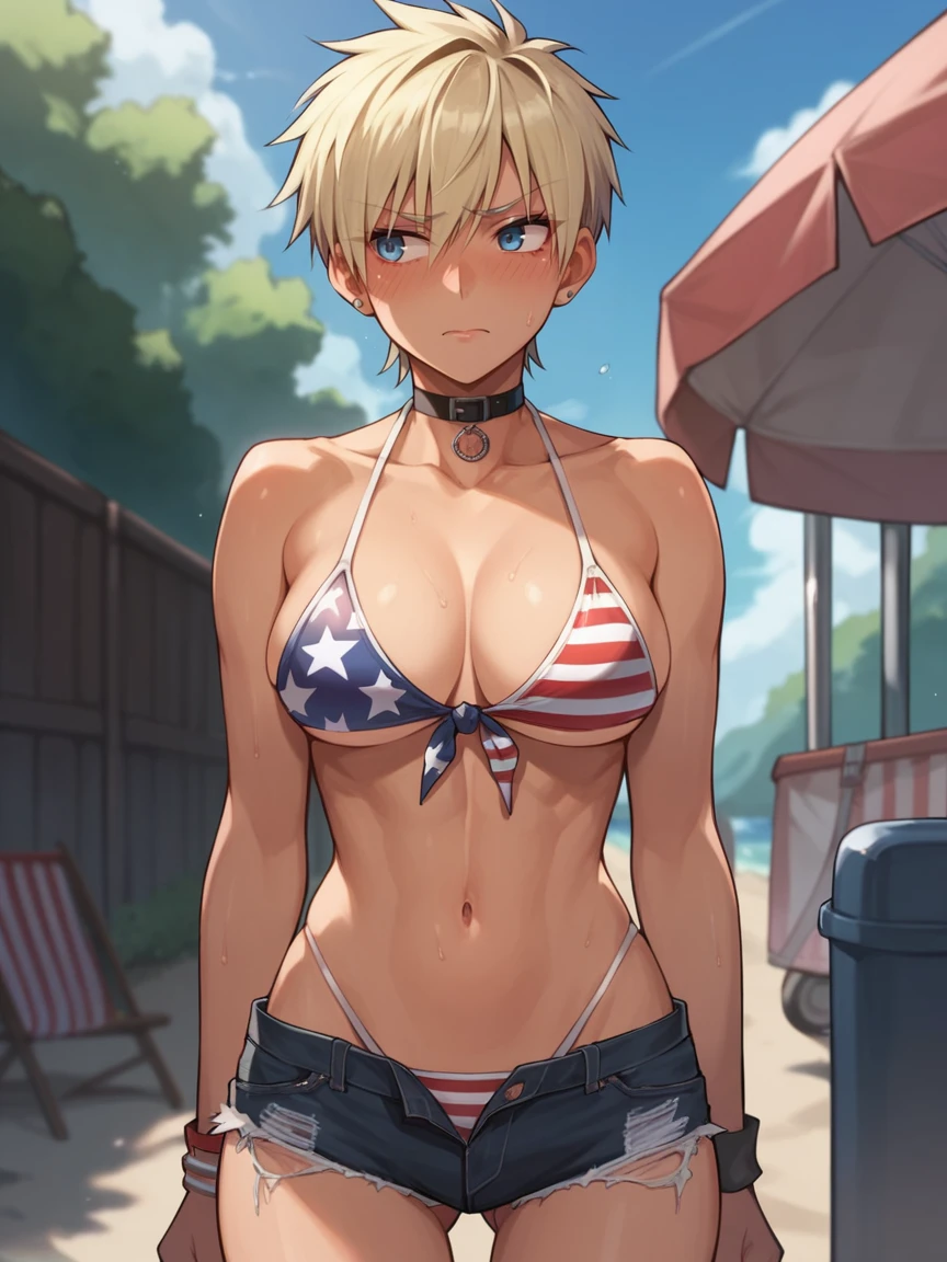 score_9, score_8_up, score_7_up, hellsing,, Seras_victoria, 1girl, solo, outdoors, beach, flag bikini, american flag bikini, American flag, tomboy, shy, blush, gyaru, standing, choker, looking to the side