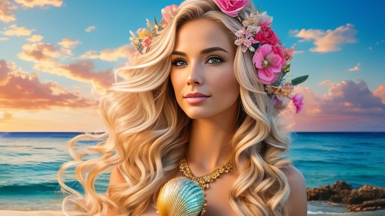 Blonde woman in golden dress holding seashells in front of blue and pink sky, karol bak uhd, Sacred, Mystical, Blonde girl in a dress, beautiful mermaid, Portrait of the Mermaid, real photoshoot queen of oceans, Portrait of the Mermaid Queen, mermaid, style of karol bak, Blonde goddess, artgerm julie bell beeple, rosto lindo e perfeito. Foto perfeita