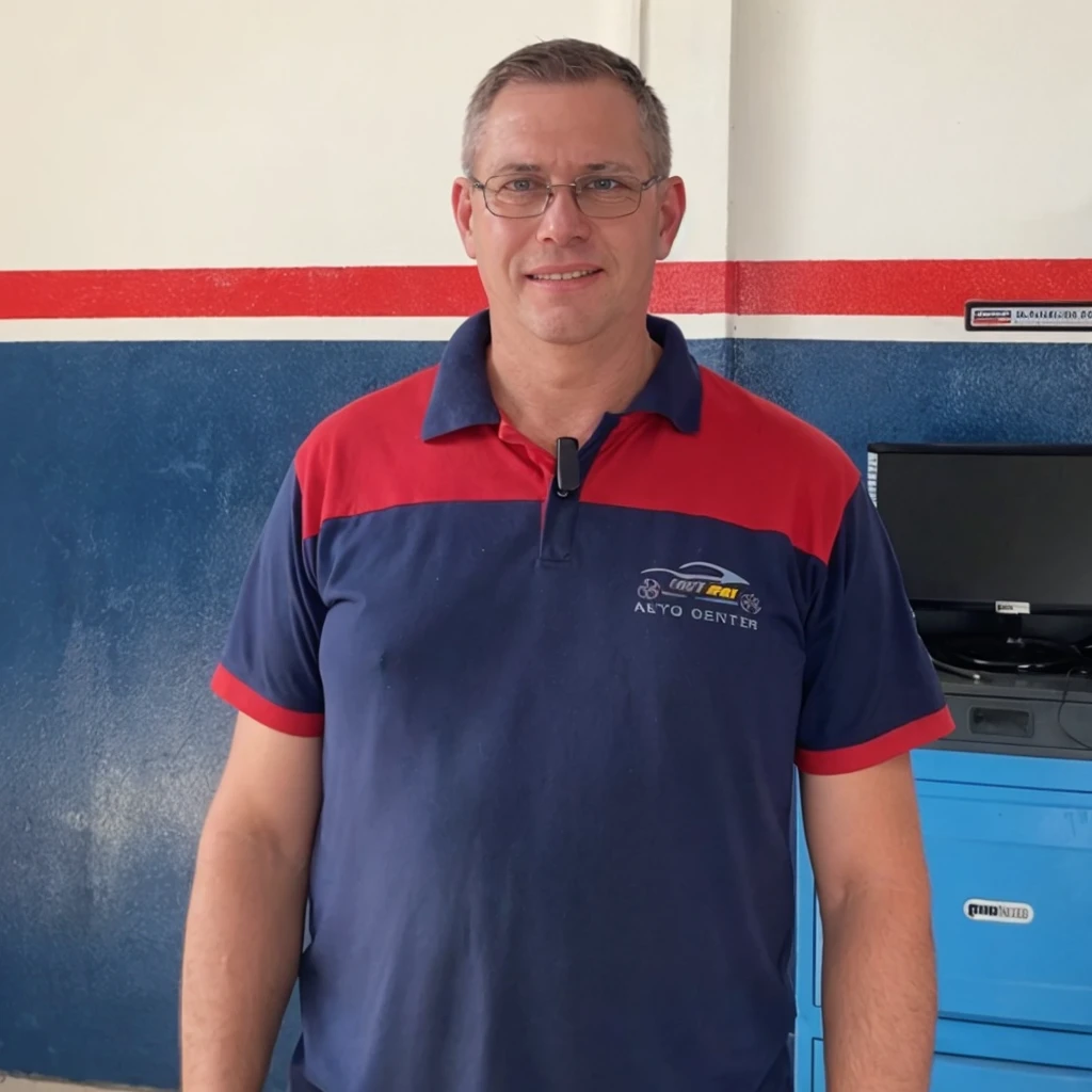 a white man, with little hair, almost bald and gray, not smiling, gray glasses with thin edges and a mechanic's outfit, rounded face