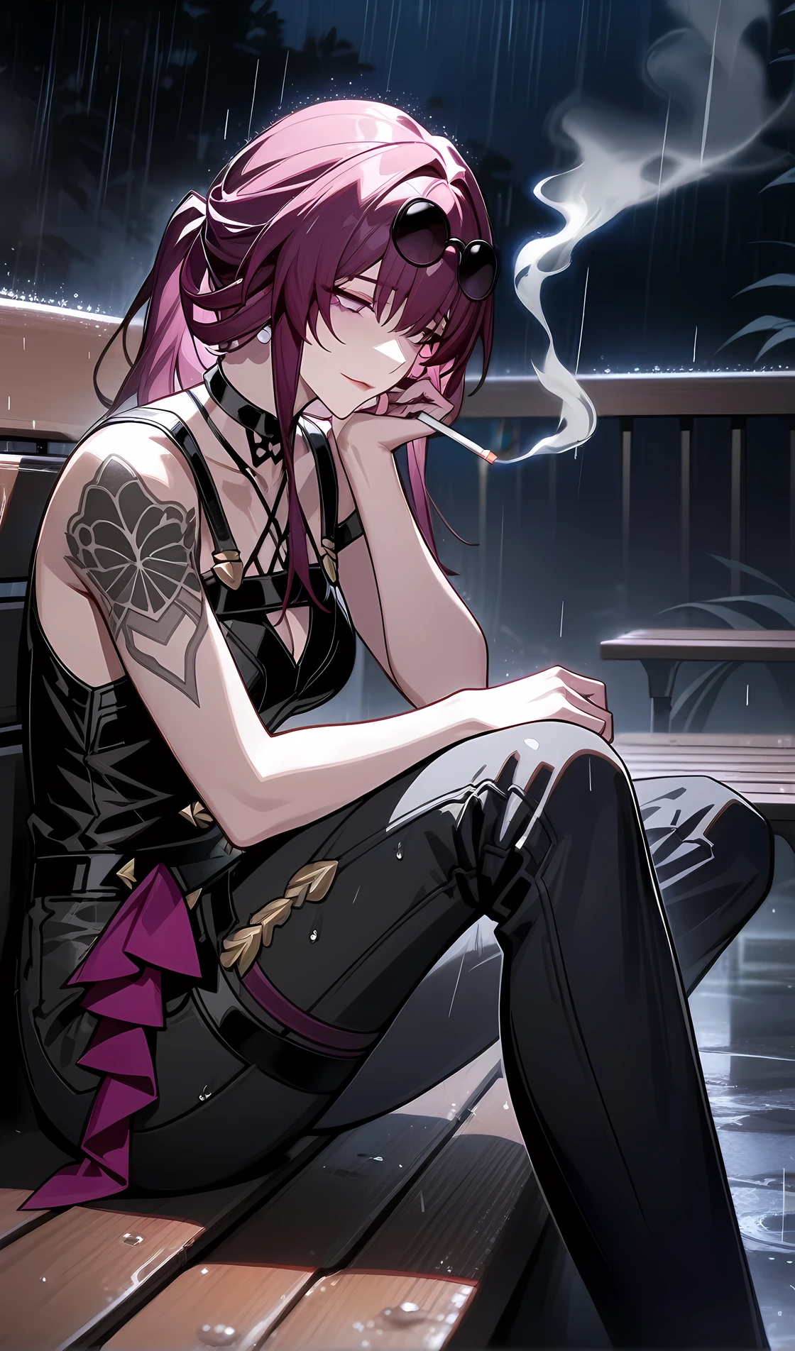 kafka from honkai star rail,tattoo on the neck and arm,wear black modern T-Short and black modern jeans,sunglasses,Sitting on a bench,smokes a cigarette,cigarette smoke, sad face, depress, night ,rain, (best quality), ultra high res, professional artwork, ultra detailed, intricate, detailed face,