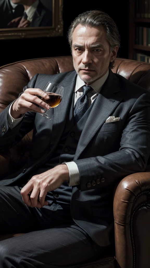 A middle-aged wealthy man, 50-60 years old, sitting in an armchair, holding a glass of whiskey, wearing a suit, detailed facial features, photorealistic, cinematic lighting, dramatic shadows, rich color palette, chiaroscuro, oil painting, intricate details, high resolution, masterpiece