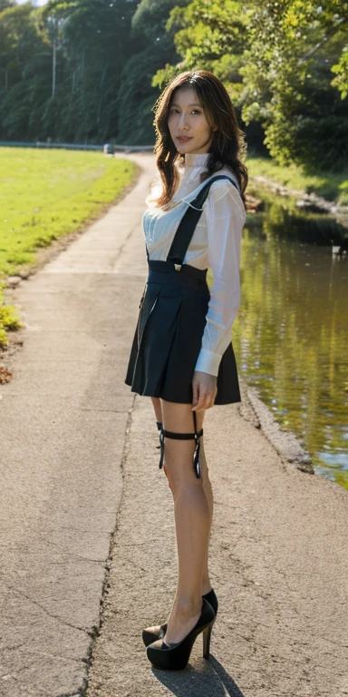 At dusk,(Full body portrait), (best quality), (high resolution), detailed, (Complex detail 1.2), (Perfect body:1.2), Realistic,Photography Art, 1 Girl, 非常detailed脸部细节, Solitary, Very curly hair, (Black suspender skirt:1.3), (forest、riverside:1.2) Long legs, Sexy high heels
