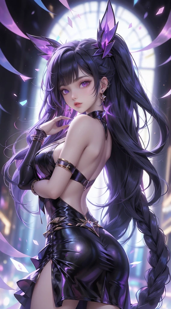1girl, dress, long_hair, solo, high_heels, purple_hair, breasts, purple_eyes, looking_at_viewer, raiden_shogun, black_dress, jewelry, sideboob, holding, hair_ornament, earrings, black_footwear, sparkle, backless_dress, bangs, from_side, backless_outfit, very_long_hair, smile, hand_on_own_face, glint, bare_shoulders, halterneck, halter_dress, full_body, star_(symbol), hand_on_own_cheek, medium_breasts, bare_arms, closed_mouth, artist_name, blush, sleeveless