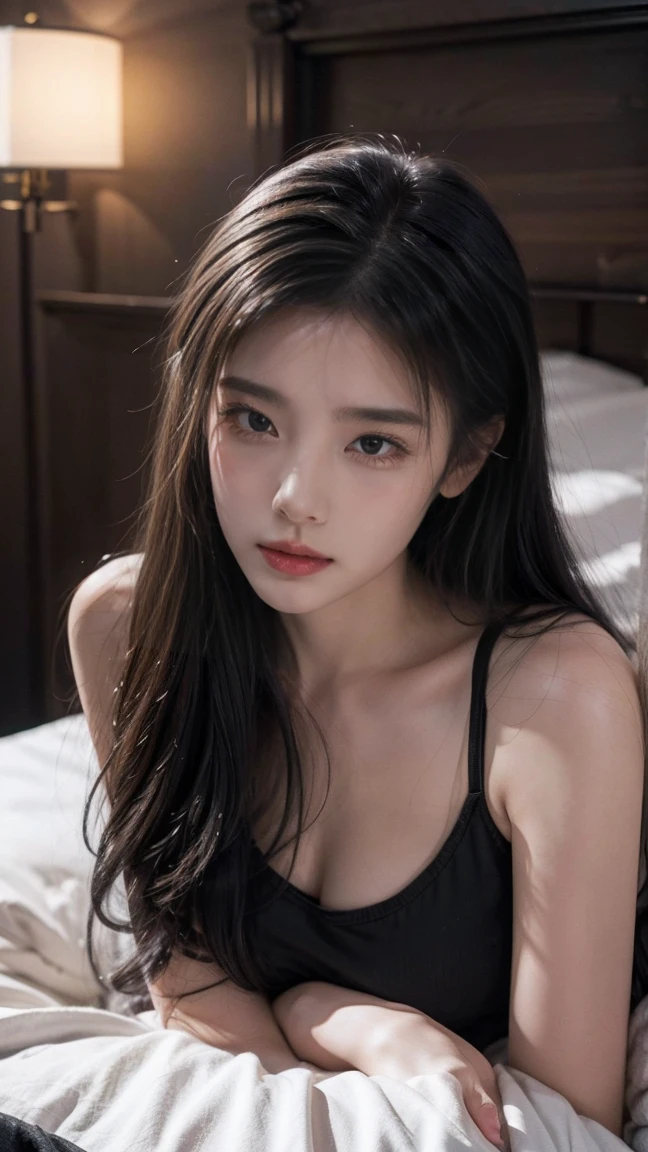 a young chinese women, blue hair, long hair, smacking lips, furrowed eyebrows, closing eyes, face turned sideways. wearing black oversize t-shirt, wearing hot pants,natural big breast, show big thigh, plump body, captured from above high angle. (lying on the bed), a right on the top and the left hand on stomach,lighting,ray tracing,drop shadow wide shot UHD,textured skin,high details,best quality 4K