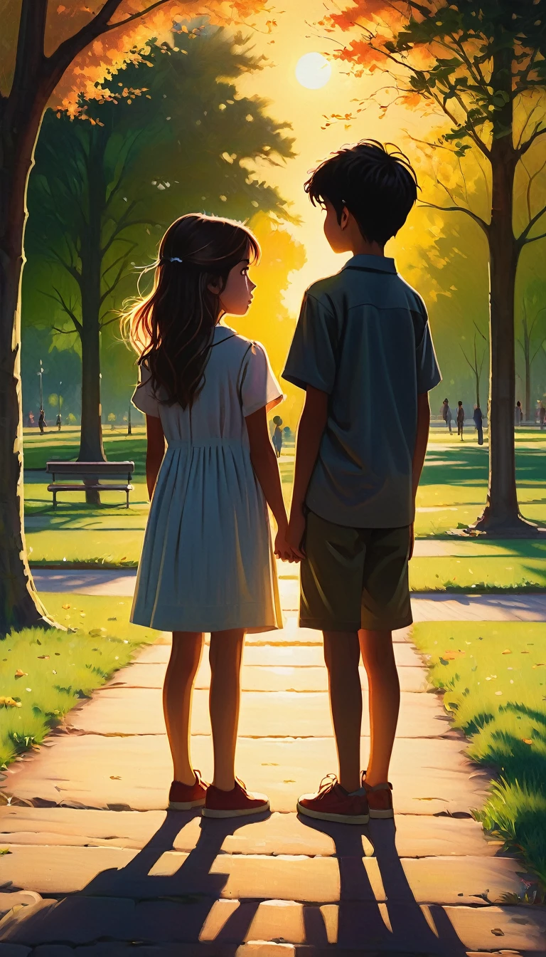 A young boy and girl stand at opposite ends of a quiet park, their gazes locked in a moment of silent curiosity and intrigue. The long distance between them seems to shrink as their eyes communicate a thousand unspoken words, each wondering about the other's story. The setting sun casts long shadows, painting a picture of innocence and the beginning of a potential friendship.