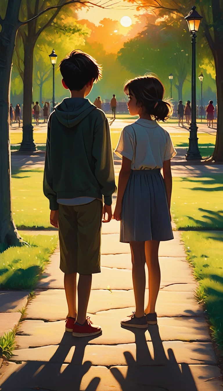 A young boy and girl stand at opposite ends of a quiet park, their gazes locked in a moment of silent curiosity and intrigue. The long distance between them seems to shrink as their eyes communicate a thousand unspoken words, each wondering about the other's story. The setting sun casts long shadows, painting a picture of innocence and the beginning of a potential friendship.