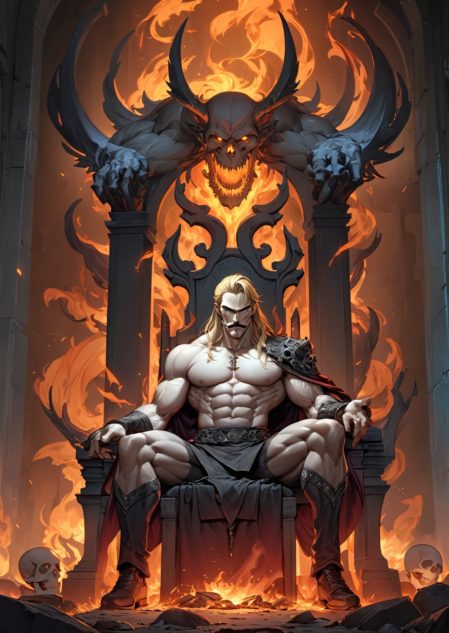 40 year handsome old elf, pale skin, blonde hair, abino skin, long straight hair, wearing elfin , sitting , mustache, piercing blue eyes, brown hair, pronounced brow ridge, strong jaw, high cheekbones, (complete body:1.5), sitting on a bed spreading his legs, very beefy muscles, bulging biceps, bulging triceps, bulging pectorals, bulging quads, bulging trapezoids, wide shoulders, bulging calves, bulging forearms, hairy, (giant:1.5), tall, solo person. Art deco masterpiece, alpha male, at night, skull, nightmare, fire, intricately detailed, sharp focus, extremely detailed, dark fantasy, glowing, colorful painting, rich color, HDR, octane render, digital illustration, cinematic light, sitting on the throne, Explore the beauty of a moonlit cemetery, with weathered tombstones, crypts, and the feeling that the spirits of the departed may not be at rest