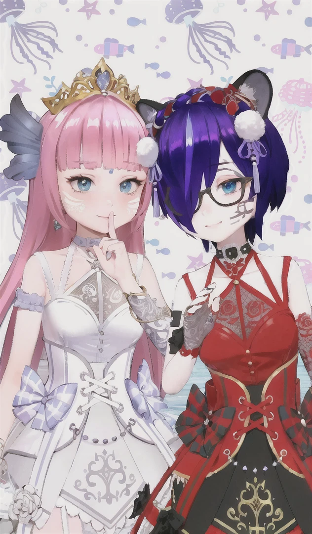 1girl, (masterpiece:1.1), (best quality:1.1), (white blouse:1.1), (checkered skirt:1.1), , high-waist skirt, BREAK [blue:pink:0.5] theme, (gradient background:1.1), cowboy shot, BREAK silver hair, long hair, , green eyes, intricate detailed tiara, looking to the side,