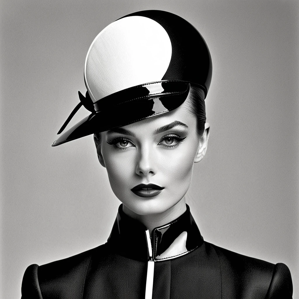 a small hat worn by a model. Styled similar to an air hostess. Black and white. Futuristic classy design. Asymmetrical shape, placed to the side of the model's head