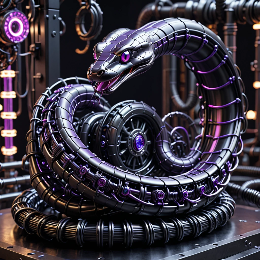 A high-resolution image of a mechanical snake, intricately designed and powered by a glowing purple nuclear core. Its body is made of matte black metal segments, connected seamlessly. The snake is interlaced with wires, cables, and pipes running along its length, with visible gears and screws adding to its complexity. ((The background is a dark:2)), futuristic industrial setting, with the purple glow from the nuclear core casting a subtle light on the snake’s matte black metal and intricate components. The scene exudes advanced technology and a sense of formidable power.