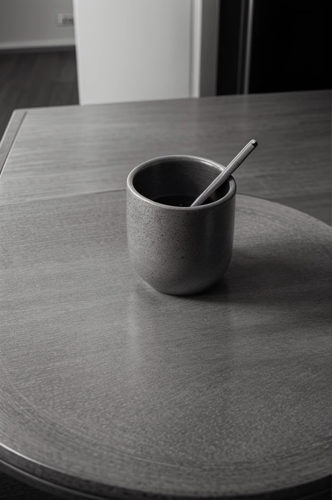 Photograph of a black and white graphite pencil drawing on a grayish-colored table