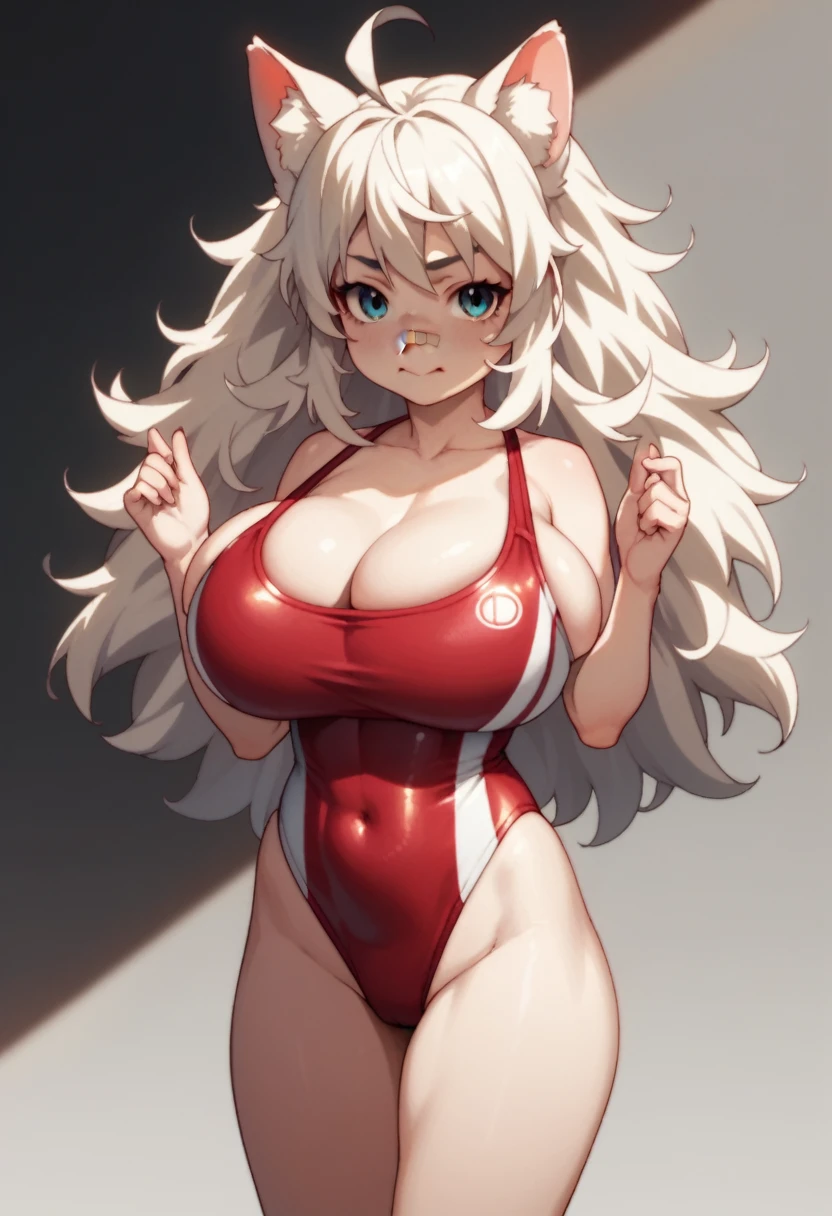 anime , fluffy hair, bandage on nose, strugelling to put on swimsuit as her gigantic breast are to big for her childlike body
