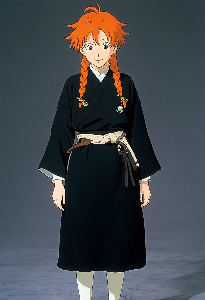 A Ghibli's studio character. With messy orange hair and dark large clothes. Her belt is made of bones and her hearings too