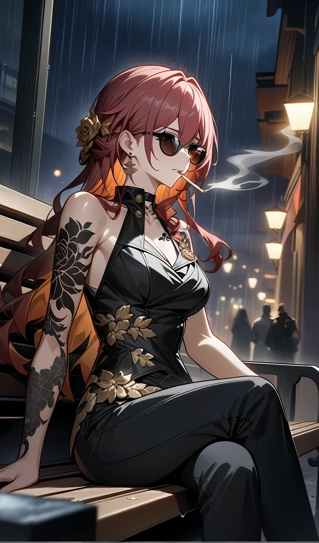 himeko from honkai star rail,tattoo on the neck and arm,wear black modern T-Short and black modern jeans,sunglasses,Sitting on a bench,smokes a cigarette,cigarette smoke, sad face, depress, night ,rain, (best quality), ultra high res, professional artwork, ultra detailed, intricate, detailed face,