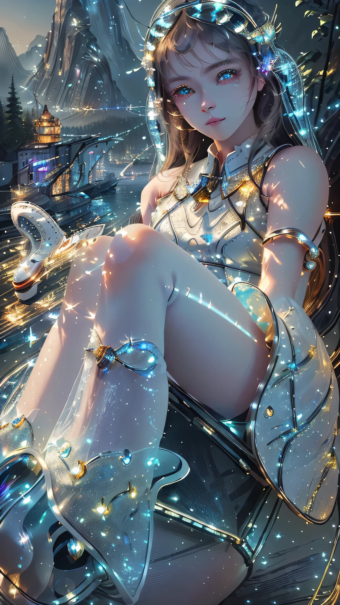 best quality, masterpiece, highres,
1girl, Detailed face, (Upper body:1.6), Cyber cities, mountains and rivers, night, firefly lights, Realistic, rich in detail, (White down:1.2), (beautiful body:1.4), (Cute shoes:1.8)