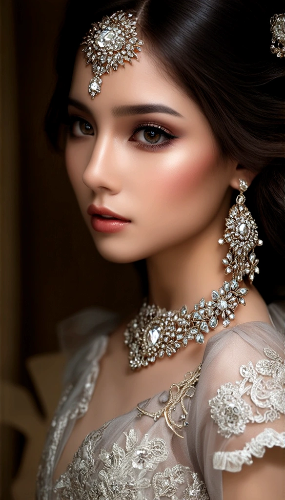 A beautiful girl, detailed face and eyes, intricate jewelry, elegant dress, soft lighting, fantastic atmosphere, cinematic composition, muted color palette, dramatic lighting, photo realism, masterpiece.