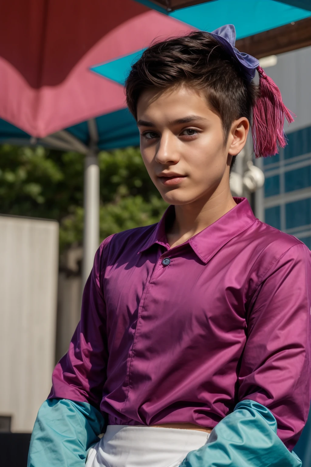 A beautiful young male twink with black hair and a face with make-up wearing a bright pink long-sleeved shirt and tight aqua blue pants. He is in his graduation speech and looks proud.