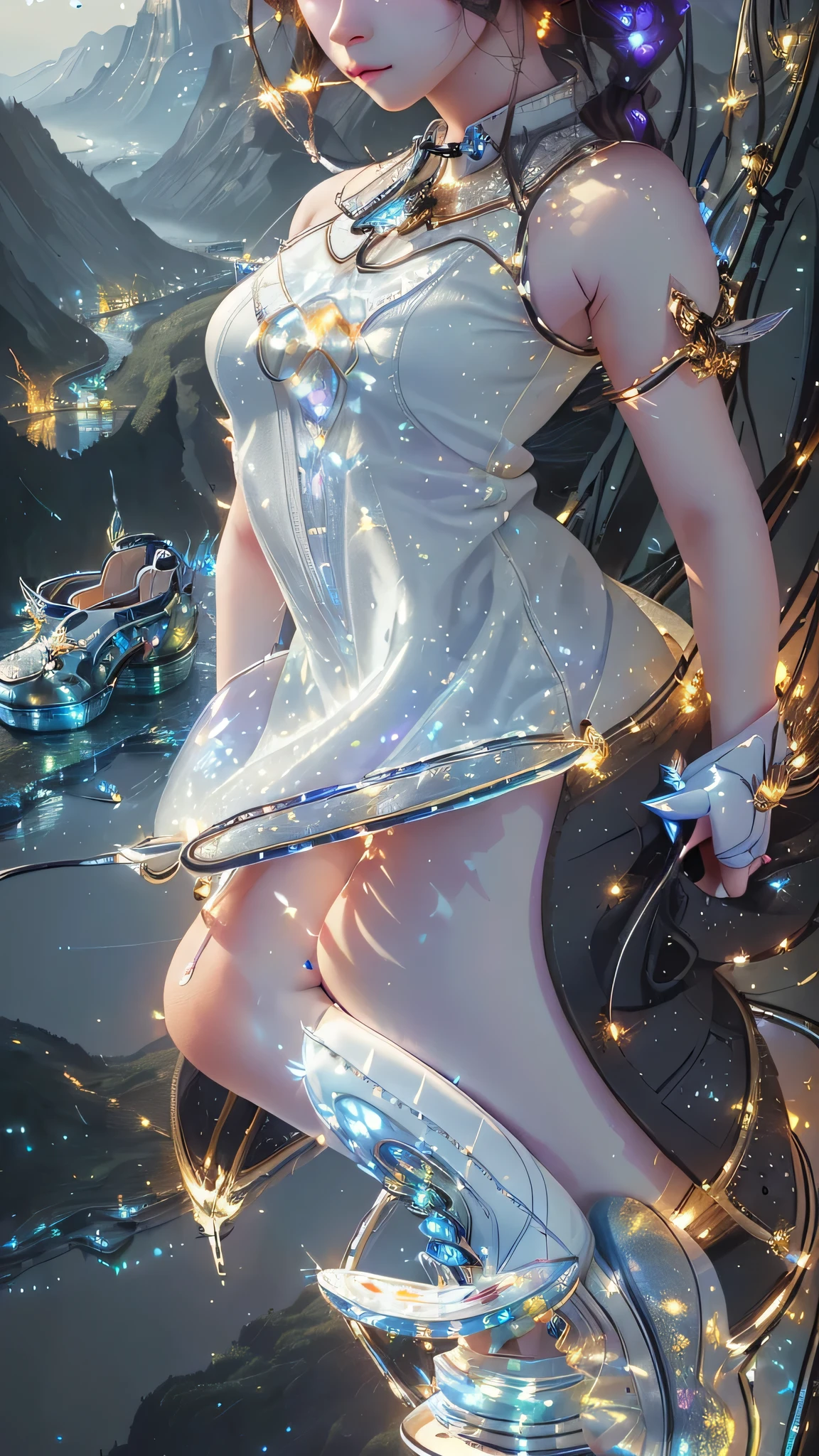 best quality, masterpiece, highres,
1girl, Detailed face, (Upper body:1.6), Cyber cities, mountains and rivers, night, firefly lights, Realistic, rich in detail, (White down:1.2), (beautiful body:1.4), (Cute shoes:1.8)