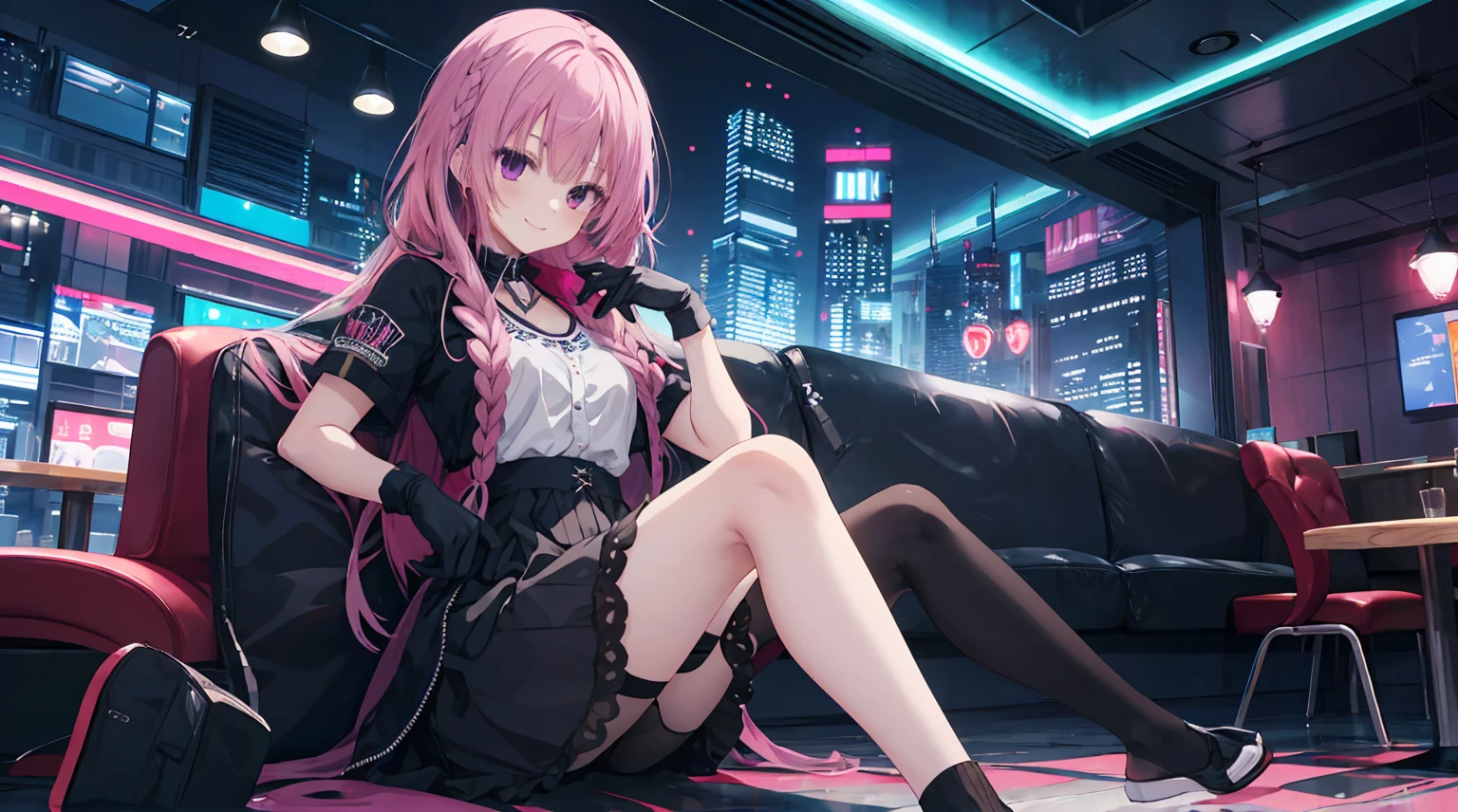 a girl,solo,Long pink hair,gentle,Smile,Medium-hair long,dishiveredhair,short sleeves,short sleeves game clothes,black skirt,black gloves,cyberpunk characters,night, night city background,Digital punk, anime style 4k, Sitting on the sofa,indoors,In the restaurant,black stocking,Mitsukasa Ayase、character-centered