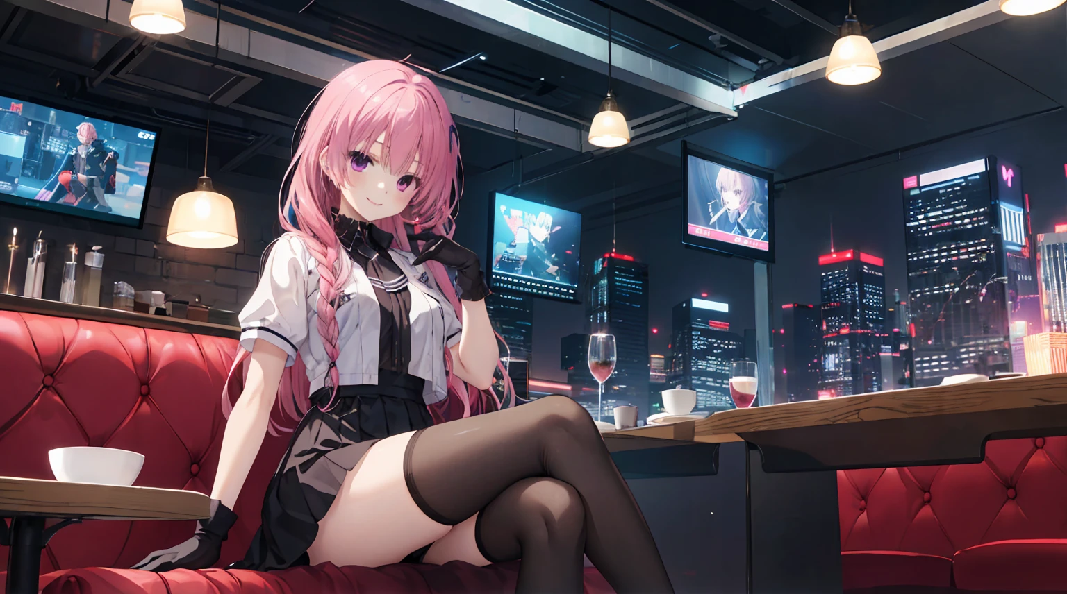 a girl，solo，Long pink hair，gentle，Smile，Medium-hair long，dishiveredhair，short sleeves，short sleeves game clothes，black skirt，black gloves，cyberpunk characters,night, night city background，Digital punk, anime style 4k, Sitting on the sofa，indoors，In the restaurant，black stocking,Mitsukasa Ayase、character-centered