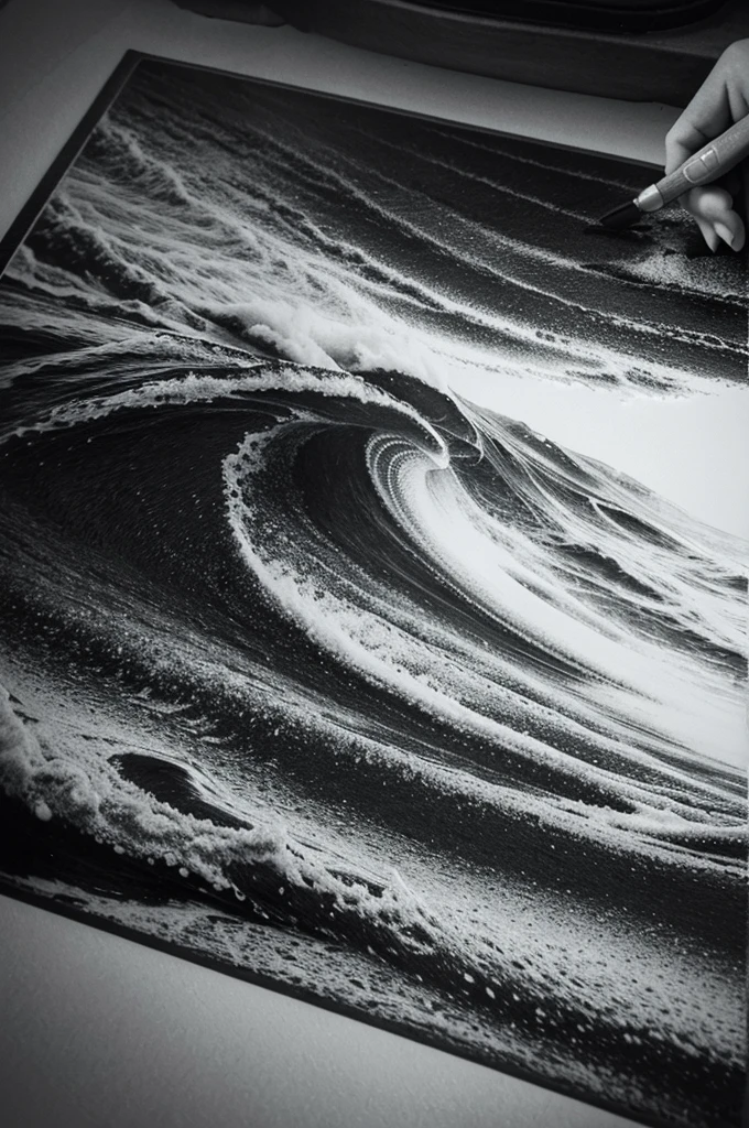 Graphite pencil drawing in black and white with sea theme 