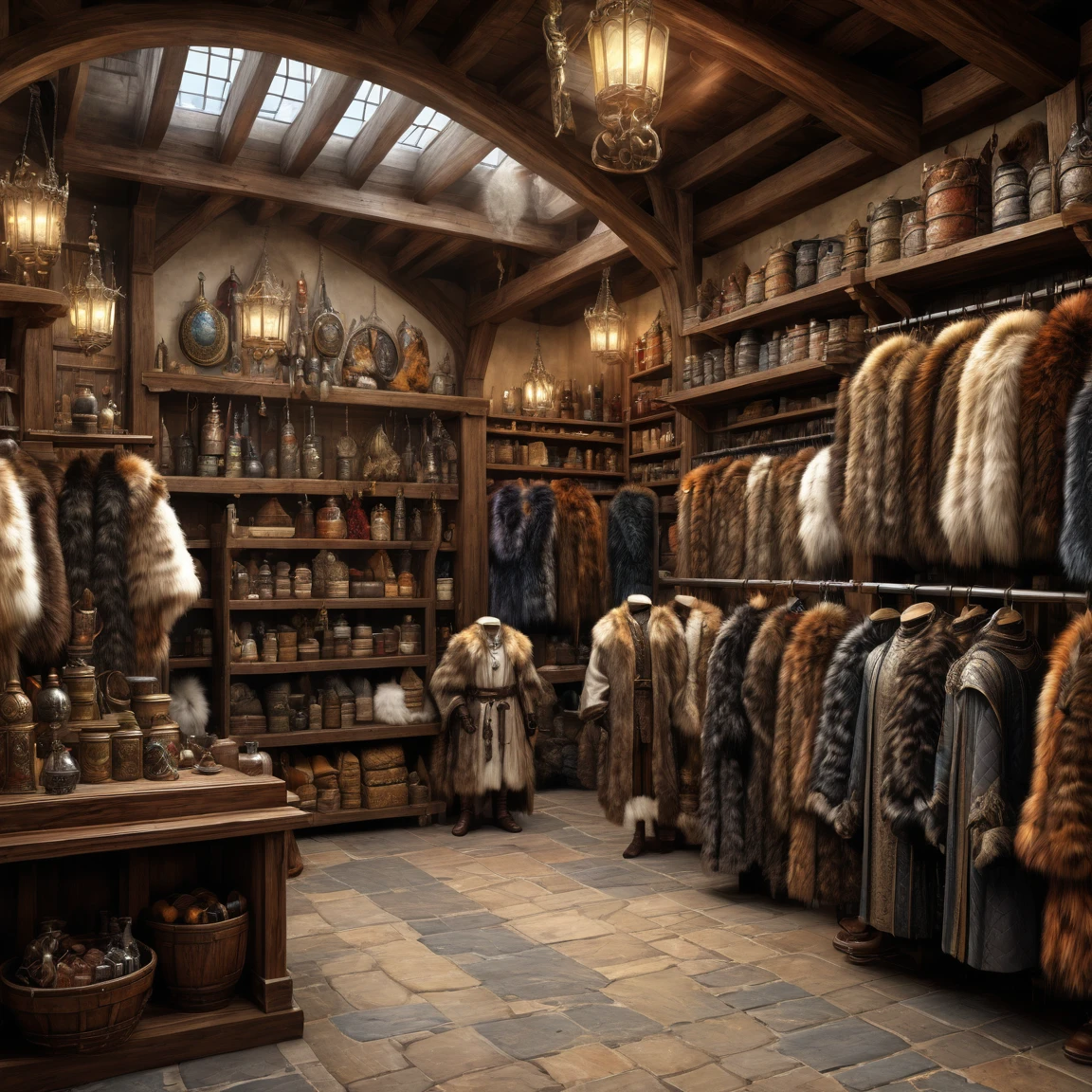 (best quality)), ((masterpiece)), ((realistic,digital art)), (super detailed), (inside a large fur shop), (medieval fantasy style), fourrures diverses