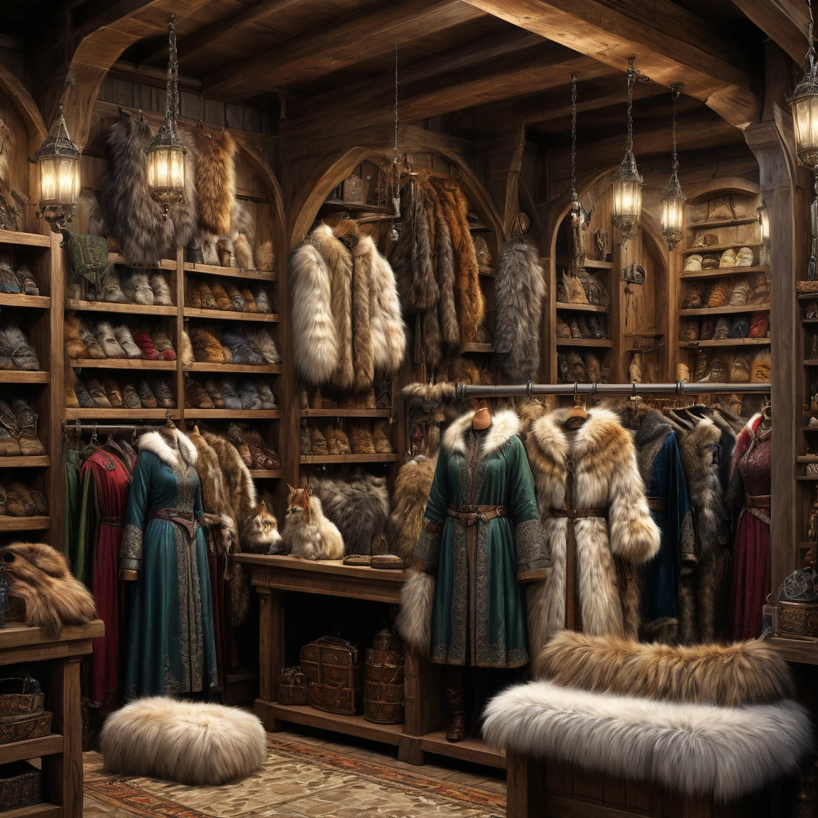 (best quality)), ((masterpiece)), ((realistic,digital art)), (super detailed), (inside a large fur shop), (medieval fantasy style), fourrures diverses