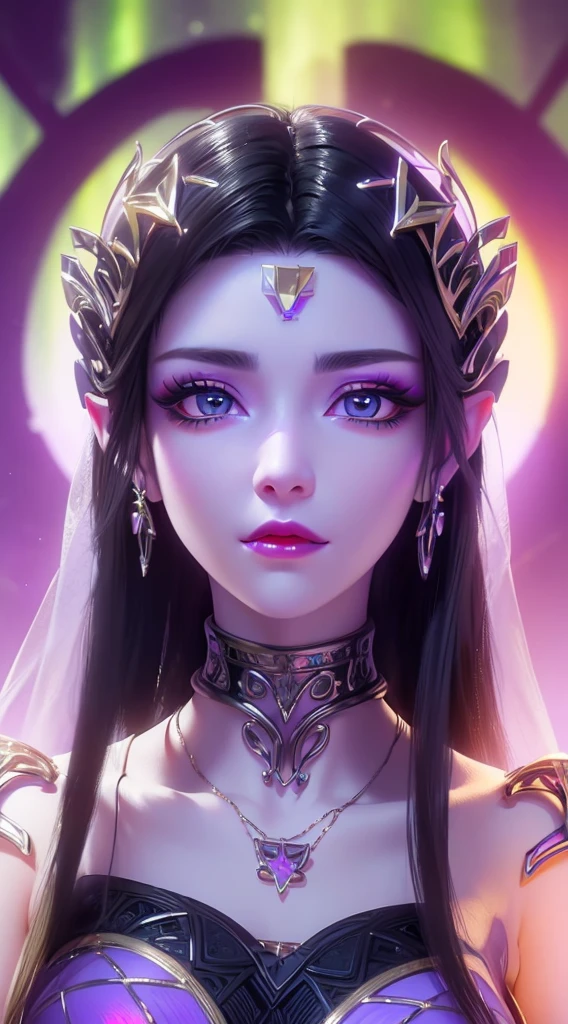 1 20 year old girl, 1 goddess Athena, pink purple silk dress, beautiful goddess Athena face without blemishes, delicate yellow nightgown, long thin sequin nightgown with many sexy black lace details, 1 beautiful thin red silk cloth half veil, female saint legend, female saint icon, beautiful goddess style glitter, dark and mysterious version, vermilion lips, plump red lips, not smiling, mouth closed, delicate and beautiful pino detailing, delicate and beautiful lip detail, (pure and flawless face: 1.9), female saint body, round chest, big and round breasts, phoenix brooch, long flat bangs, long black hair, flower stickers tattoo on forehead, beautiful clear face and well-proportioned eyes, (transparent iridescent light purple eyes: 1.8), (big round eyes and makeup, sexy wet eye makeup, very beautiful and meticulous hair makeup, long and delicate blonde hair, delicate, body image: 1.8), figure: and vivid, (stars that make up the sky: 1.7), (the sky of heaven and the fictitious gate of time and space: 1.8), fictional art, RAW photos, hanfu photos, best photos, high resolution, best quality, best photos, best goddess quality, 8k female, super 8 single saint portraits, truest color schemes, masterpieces, best beauty brands, best hair jewelry, brand real photo, dark studio, border light, two-tone lighting, (rose white skin: 1.4), (high skin detail: 1.1), 8k uhd, d slr, soft light, 8k, high quality, candid, volume Smooth and sharp, 10x pixel increase, sexy goddess, sexy goddess, (background space: 1.8), (most beautiful aurora eyes: 1.7), beautiful eyes, aurora beautiful and flowery, (beautiful single girl: 1.8), (more details:0.8),