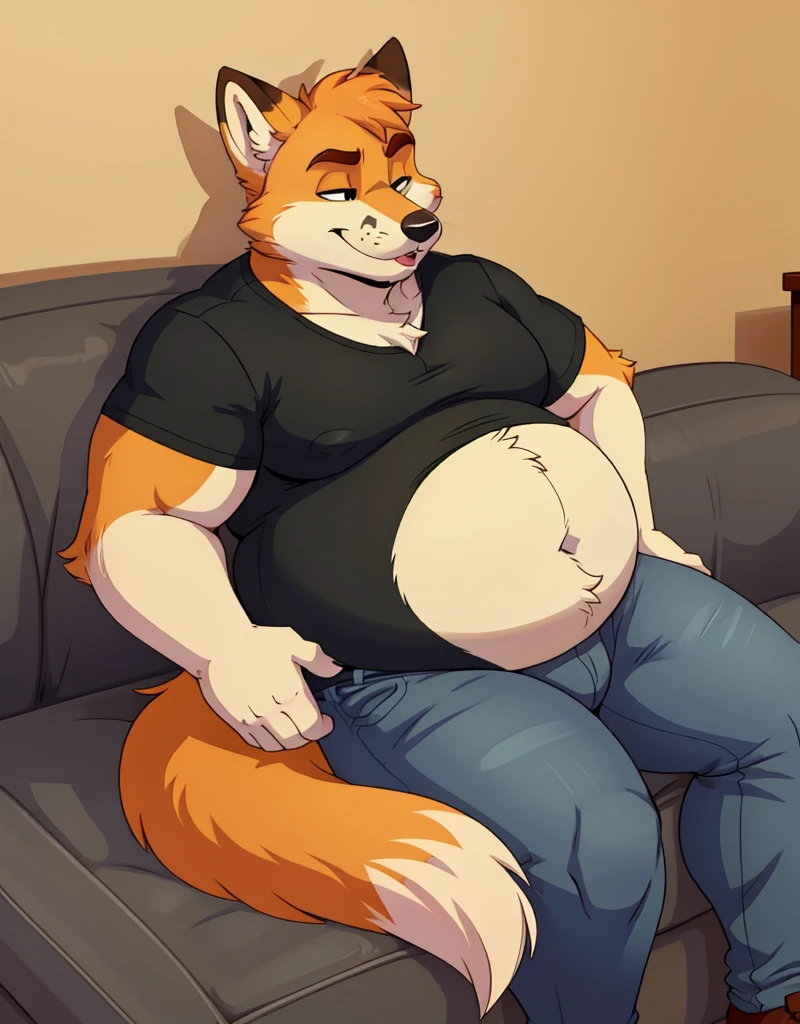 A male chubby anthropomorphic fox with a big belly, wearing a closed short sleave buttion up and tight jeans, sitting on a couch,