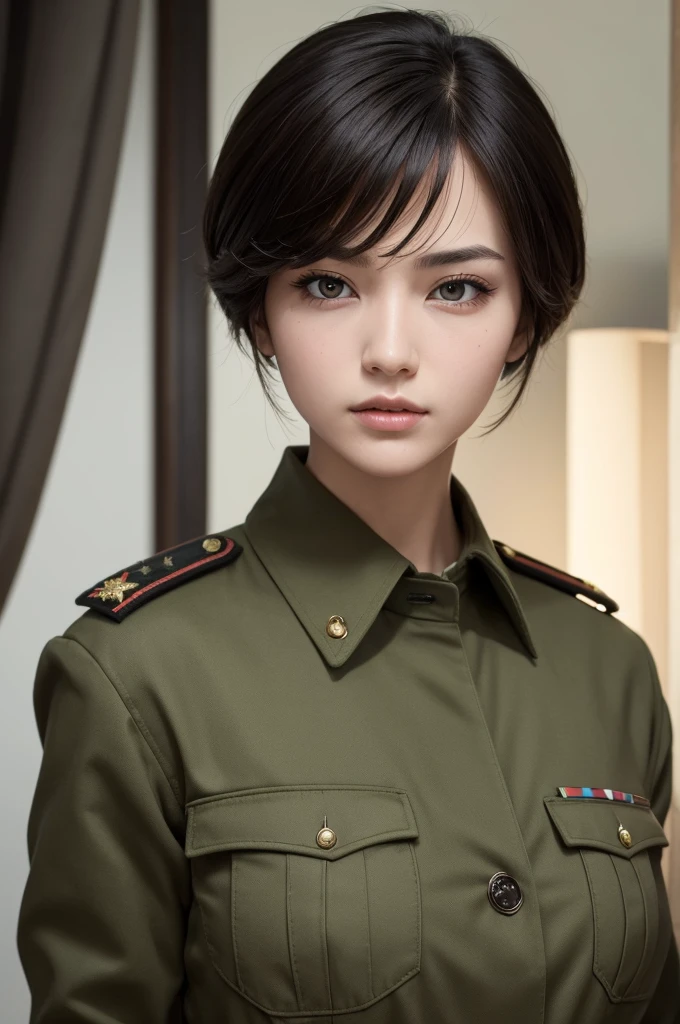 spiky bald hairstyle, short hair, mexican skin, gloves, uniform military, 1girl ,dark black hair, ((hair cut super short,)), soft Brown eyes, smile lips,