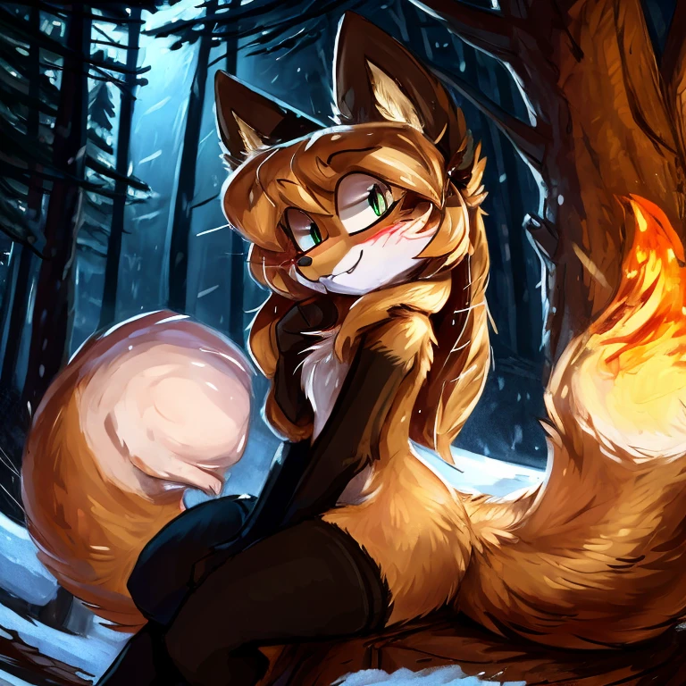 uploaded to E621, by kenket, Ross Tran, ruan jia, by Kilinah, by Einshelm, beautiful and detailed portrait of an anthropomorphic vixen ((female))), (detailed averi), (detailed lighting), (detailed fur), (detailed breasts), BREAK, (cinematic lighting), ((detailed background)), ((depth of field)), (half body shadow), ((looking at viewer)), [backlighting], [detailed ambient light], [ambient light on the belly], [realistic proportions], [explicit content, adult, nsfw], [sharp focus], (questionable content), (shaded), (hi res), ((masterpiece)), (Averi, Fox girl), (anthro, fluffy fur), anthro fox girl, body fur, curvy, sexy, nice, cute, hot, sassy, sassy hips, (Averi, Fox girl), green eyes, solo, blush, smug smile, forest, tree, snow, flat chest, chest fluff, striped thigh highs, colorful thigh highs, high socks, thigh high socks, striped high socks, legs adorned with colorful fabric, wearing sweater, long sweater, speech bubble, heart, hearts, dropping it low, seductive pose, leaning to a tree, side view, leaning back towards tree, sexy pose, night, rain, wet fur, tail tip emanating magnificent magical fire, scarlet fire encircling the tail tip, fiery tail tip, fiery magical tail