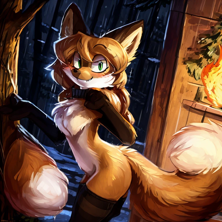 uploaded to E621, by kenket, Ross Tran, ruan jia, by Kilinah, by Einshelm, beautiful and detailed portrait of an anthropomorphic vixen ((female))), (detailed averi), (detailed lighting), (detailed fur), (detailed breasts), BREAK, (cinematic lighting), ((detailed background)), ((depth of field)), (half body shadow), ((looking at viewer)), [backlighting], [detailed ambient light], [ambient light on the belly], [realistic proportions], [explicit content, adult, nsfw], [sharp focus], (questionable content), (shaded), (hi res), ((masterpiece)), (Averi, Fox girl), (anthro, fluffy fur), anthro fox girl, body fur, curvy, sexy, nice, cute, hot, sassy, sassy hips, (Averi, Fox girl), green eyes, solo, blush, smug smile, forest, tree, snow, flat chest, chest fluff, striped thigh highs, colorful thigh highs, high socks, thigh high socks, striped high socks, legs adorned with colorful fabric, wearing sweater, long sweater, speech bubble, heart, hearts, dropping it low, seductive pose, leaning to a tree, side view, leaning back towards tree, sexy pose, night, rain, wet fur, tail tip emanating magnificent magical fire, scarlet fire encircling the tail tip, fiery tail tip, fiery magical tail