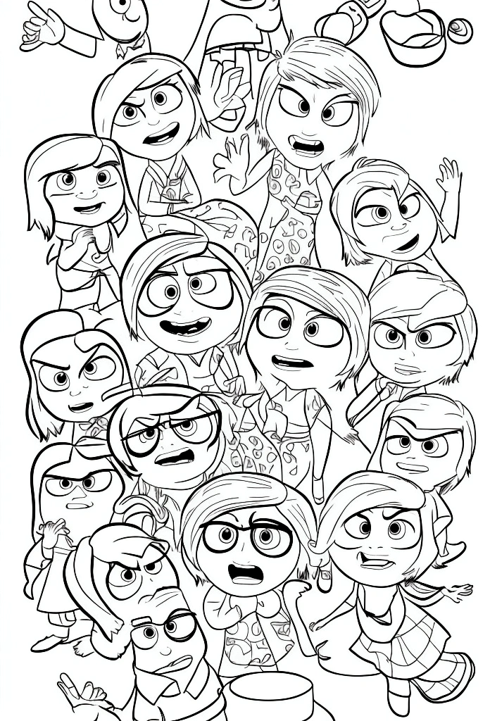 Create a coloring book with characters from the "Inside Out 2" movie. Use black lines on a white background without any shading. Be creative and provide options.