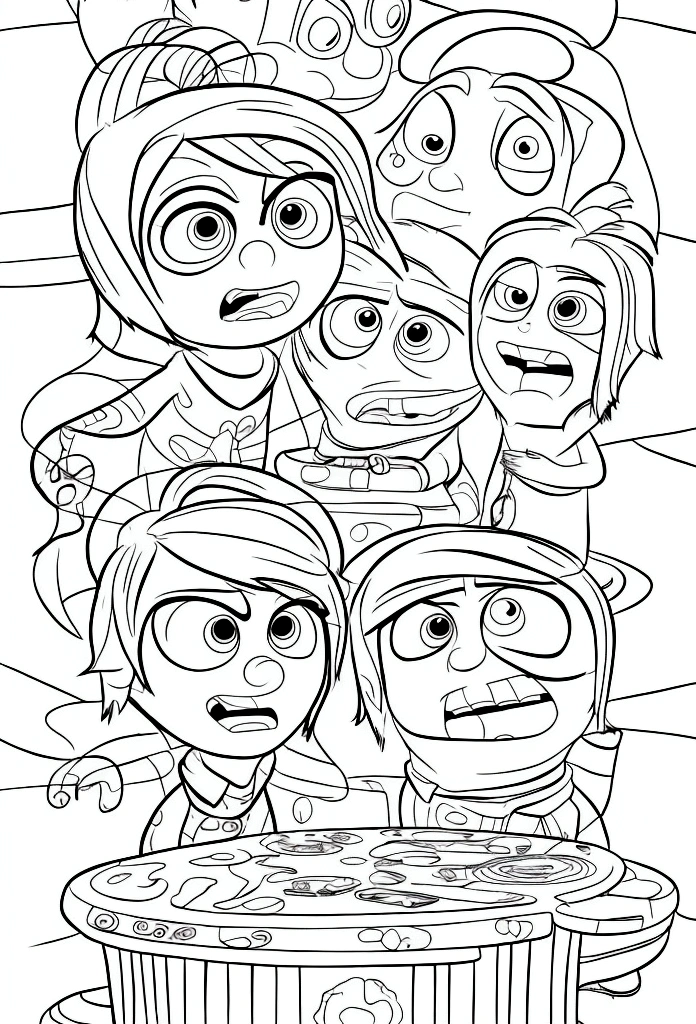 Create a coloring book with characters from the "Inside Out 2" movie. Use black lines on a white background without any shading. Be creative and provide options.

