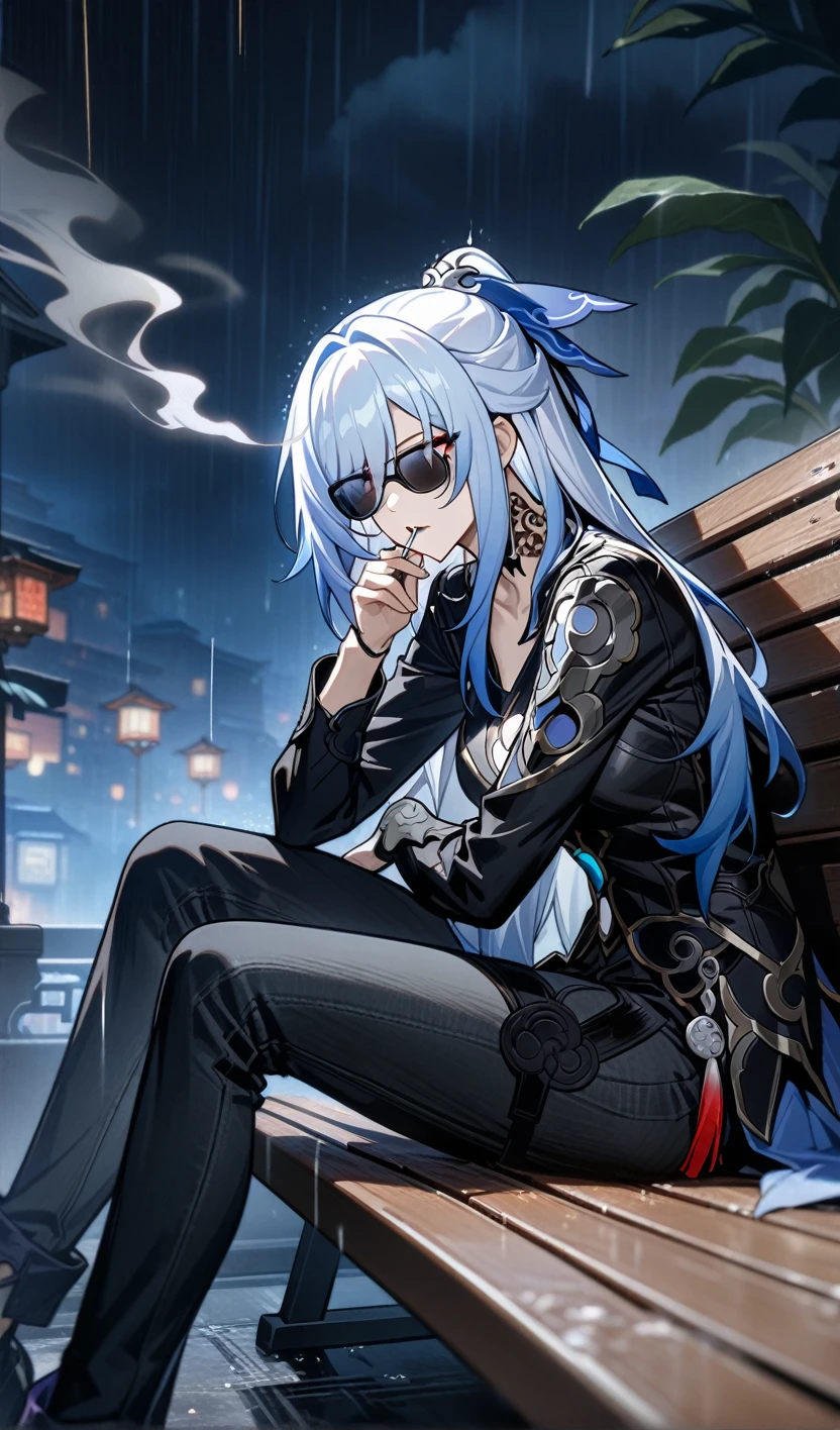 jingliu from honkai star rail,tattoo on the neck and arm,wear black modern T-Short and black modern jeans,sunglasses,Sitting on a bench,smokes a cigarette,cigarette smoke, sad face, depress, night ,rain, (best quality), ultra high res, professional artwork, ultra detailed, intricate, detailed face,