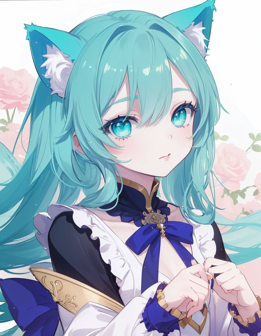 ((masterpiece, best quality:1.5)), ((Beautiful detailed cat aqua eyes:1.2)), cat ears, pale skin, small breasts, beautiful hands, beautiful fingers, EasyNegative