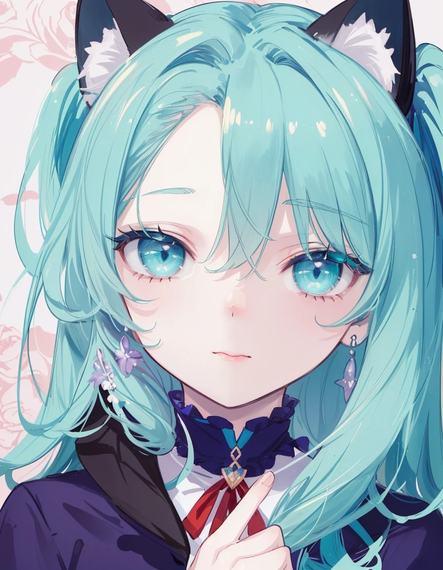 ((masterpiece, best quality:1.5)), ((Beautiful detailed cat aqua eyes:1.2)), cat ears, pale skin, small breasts, beautiful hands, beautiful fingers, EasyNegative