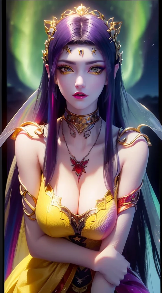 1 20 year old girl, 1 goddess Athena, pink purple silk dress, beautiful goddess Athena face without blemishes, delicate yellow nightgown, long thin sequin nightgown with many sexy black lace details, 1 beautiful thin red silk cloth half veil, female saint legend, female saint icon, beautiful goddess style glitter, dark and mysterious version, small proportioned goddess crown, vermilion lips, delicate and beautiful pino detailing, delicate and beautiful lip detail, , (pure and flawless face: 1.9), female saint body, round chest, big and round breasts, phoenix brooch, long flat bangs, (7-color rainbow hair: 1.9), flower stickers tattoo on forehead, beautiful clear face and well-proportioned eyes, (transparent yellow eyes: 1.8), (big round eyes and makeup, very beautiful and meticulous hair makeup, long and delicate blonde hair, delicate, body image: 1.8), figure: and vivid, (stars that make up the sky: 1.7), (the sky of heaven and the fictitious gate of time and space: 1.8), fictional art, RAW photos, hanfu photos, best photos, high resolution, best quality, best photos, best goddess quality, 8k female, super ingle saint portraits, truest color schemes, masterpieces, best beauty brands, best hair jewelry, brand real photo, dark studio, border light, two-tone lighting, (rose white skin: 1.4), (high skin detail: 1.1), 8k uhd, d slr, soft light, 8k, high quality, candid, volume Smooth and sharp, 10x pixel increase, sexy goddess, sexy goddess, (background space: 1.8), (most beautiful aurora eyes: 1.7), beautiful eyes, aurora beautiful and flowery, (beautiful single girl: 1.8), (more details:0.8),