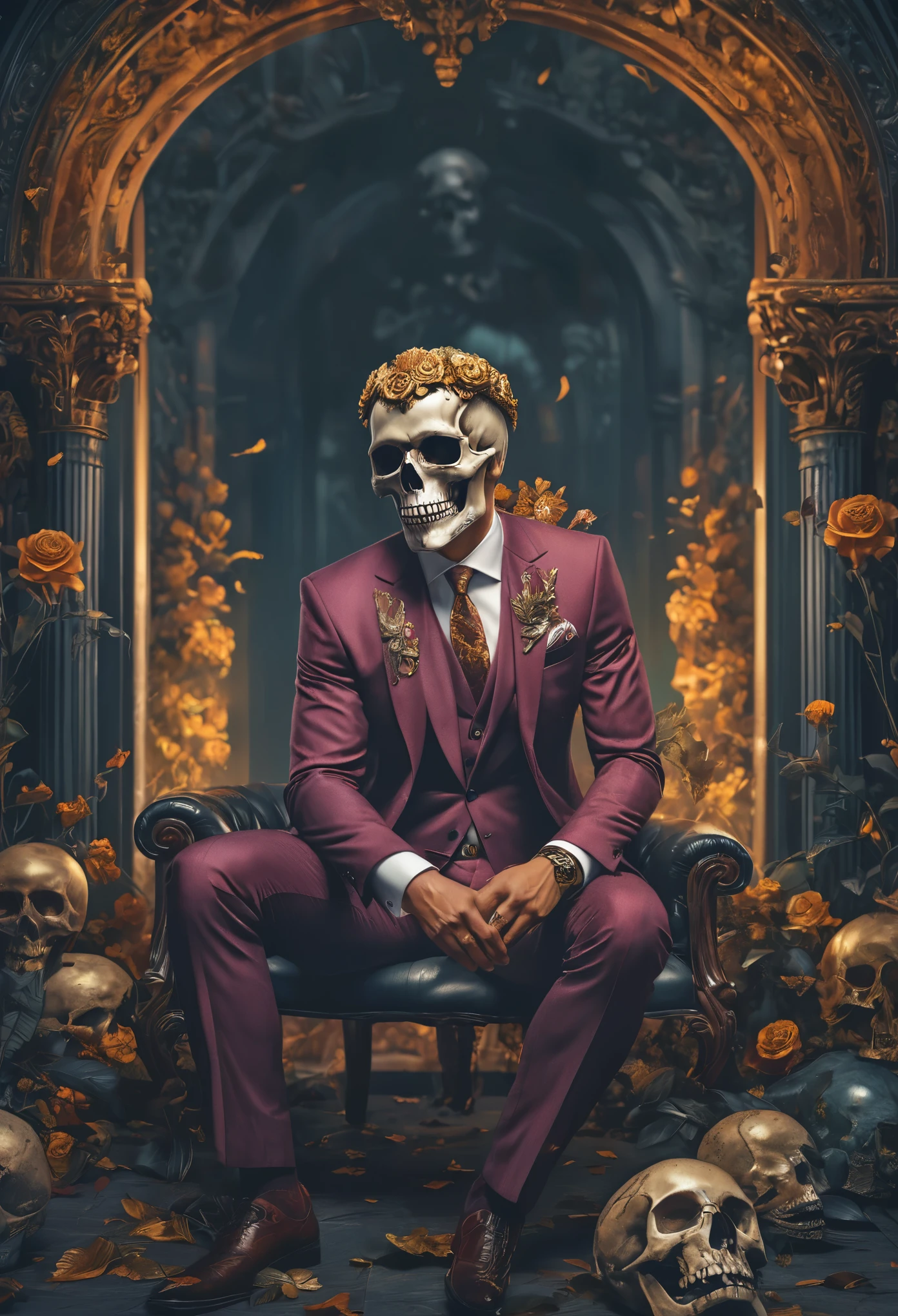 there is a man with a skull on his head and a suit, 8k high quality detailed art, highly detailed digital artwork, stunning digital illustration, beautiful digital artwork, highly detailed digital art, striking detailed artstyle, 4 k highly detailed art, 4k highly detailed digital art, over detailed art, detailed art, digital painting highly detailed, super detailed and realistic