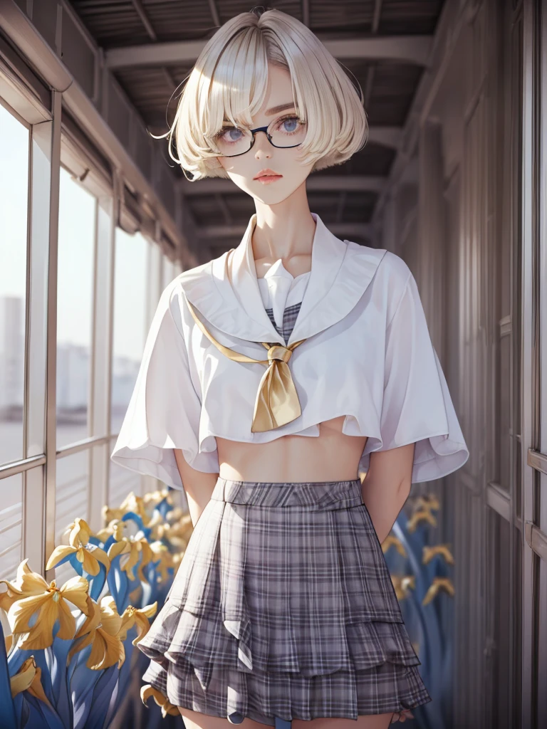 1girl, elegant bearing, small, slender build, short height, pale skin dotted by light freckles, short and straight platinum blonde hair, (((layered hair))), (((jagged hair))), (((close-cropped hair))), (((hazel irises))), silver glasses, cute facial features with an underlying elegance, thin lips, small breasts,  female, RAW photo, ((slim body: 1)), from behind, (HQ skin: 1.4), 8k uhd, dslr, soft light, high quality, film grain, Fujifilm XT3, ((school uniform, white clothes, gold accents, ((Layered short Haircut)), (looking at viewer:1.4)
