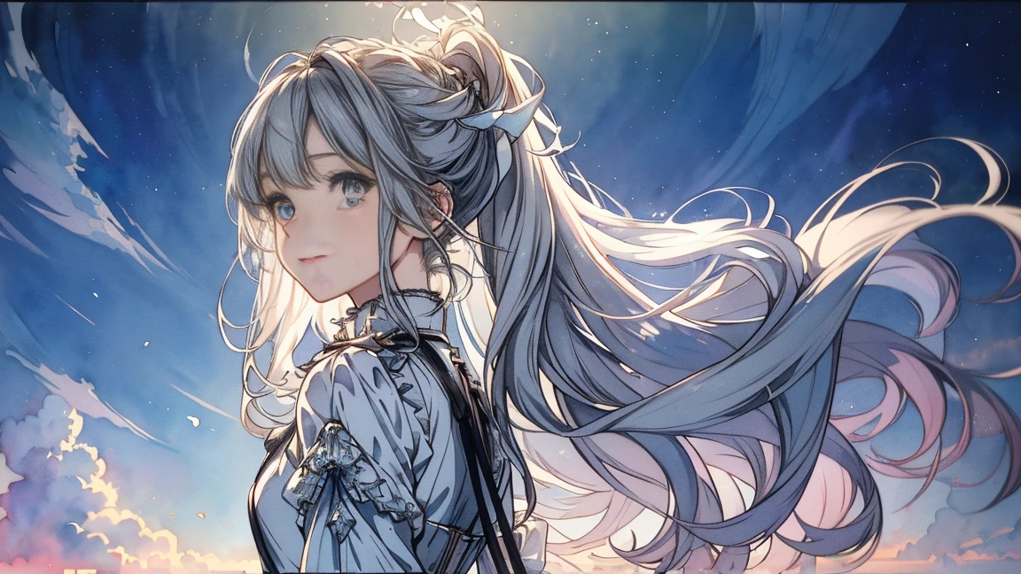 ((ultra-detailed),Celestial sky background,beautiful clouds,Rear window light is backlit.,factor,Watercolor pattern in calm colors.),(watercolor texture), ((1 girl),long gray hair,by rubio,e Blue Eyes,adorable,angelic),smile of light,lolita prostitute,The highest image quality