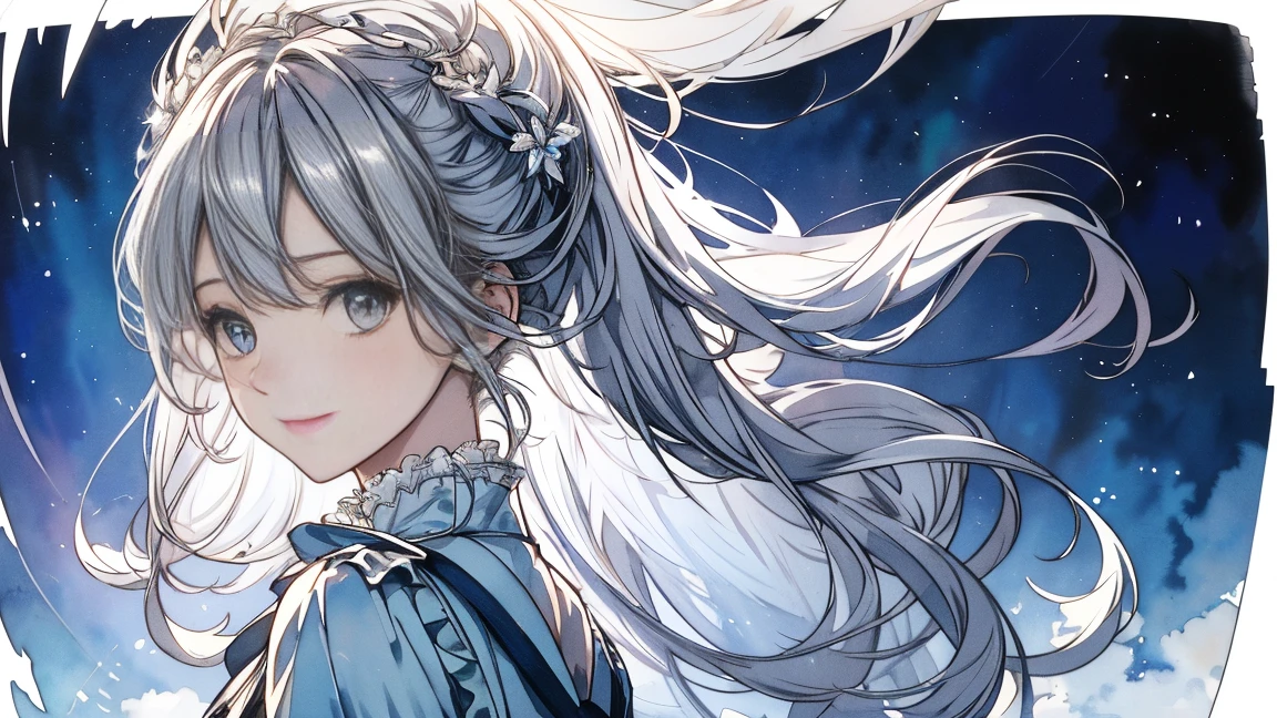 ((ultra-detailed),Celestial sky background,beautiful clouds,Rear window light is backlit.,factor,Watercolor pattern in calm colors.),(watercolor texture), ((1 girl),long gray hair,by rubio,e Blue Eyes,adorable,angelic),smile of light,lolita prostitute,The highest image quality