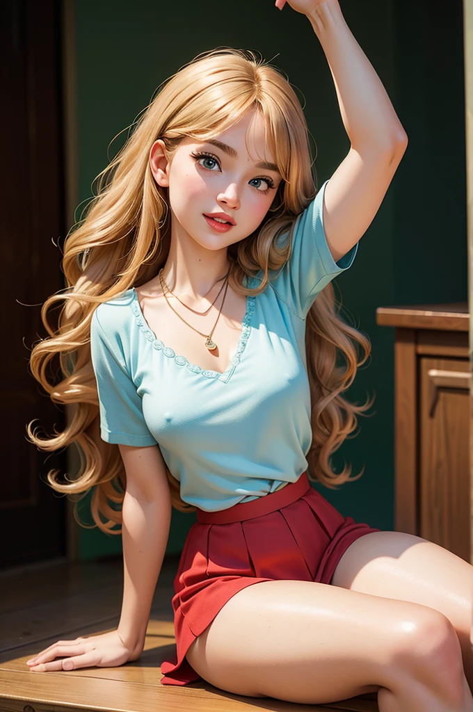 (Masterpiece, Professional lighting, 16k, 8k wallpaper, raw photo, photorealistic:1.8, ultra detailed, , slightly wide angle lens, natural lighting, detailed skin, detailed face, detailed eyes), 1 joyous girl, selfie shot from front, full body image , long curly blond hair with bangs, necklace, green eyes, sexy gaze inviting look, baby blue top short, red skirt, joyous, posing for boyfriend pictures