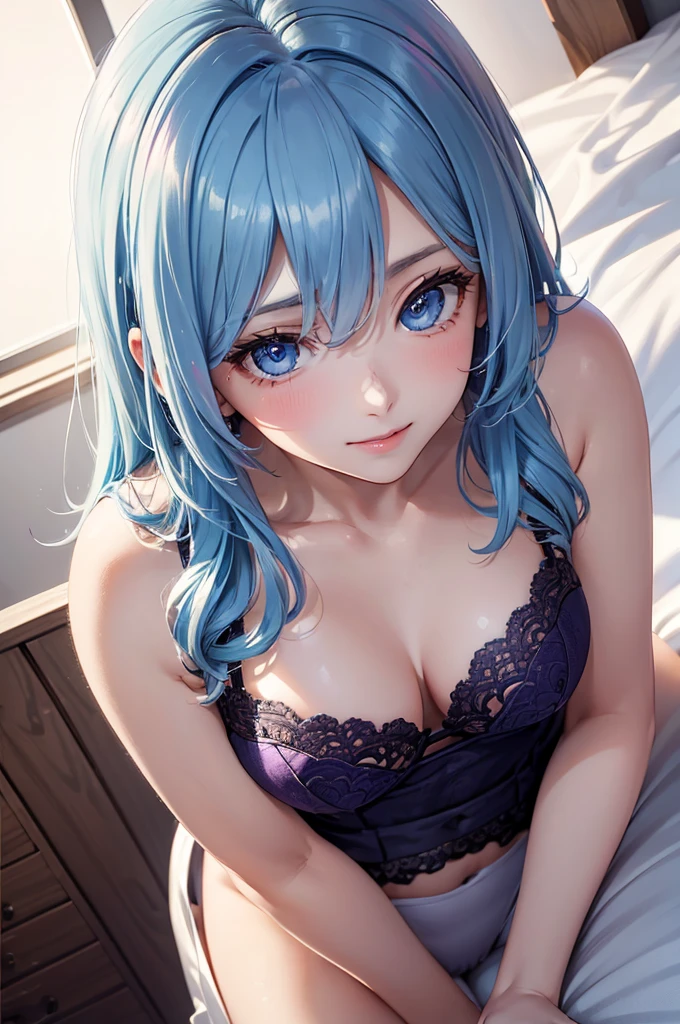 (Best Quality,High resolution,8K,finelity detailed background,Masterpiece:1.2),beautiful girl,Shiny light blue hair,messy hair,Light blue eyes,Gentle look,A refreshing look,Best quality,Best Quality,Aesthetic and aesthetic:1.2,Best details((Super detailed))(High-definition CG illustrations),Purple underwear (purple,intricate lace),Slender body,Late Night,Moonlit Night,Bedroom,On the bed,smile,blush,cute,Scrounge,Looking up,Being spoiled,super model,wariza,shoot from above