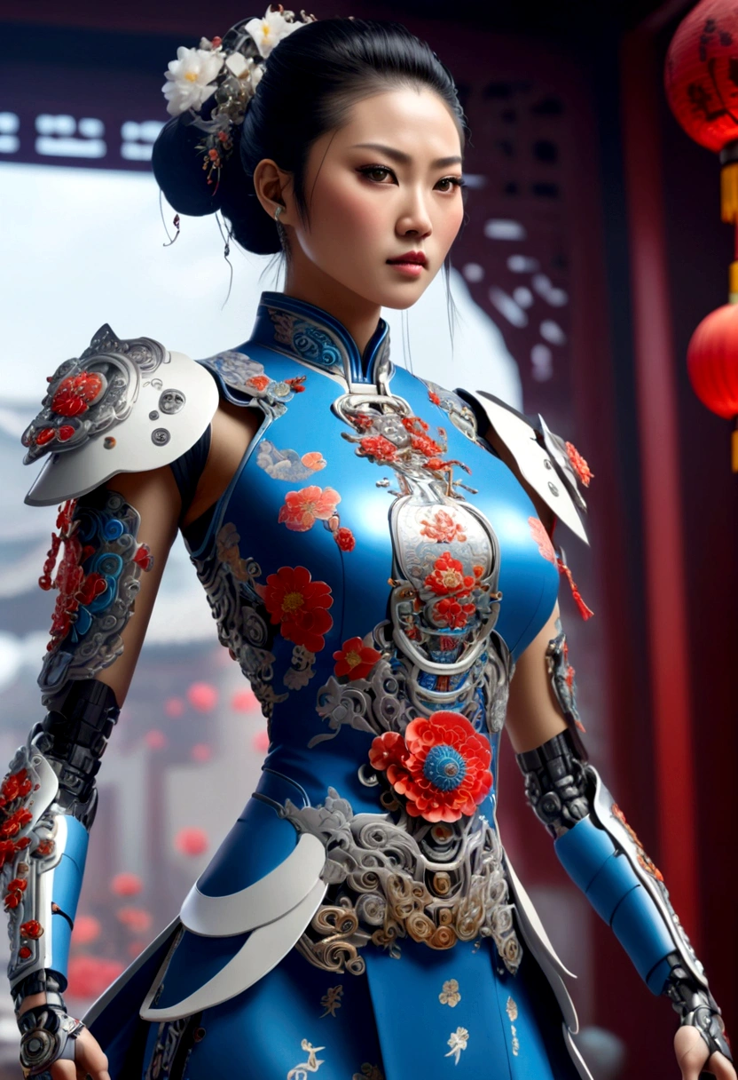 a chinese battle-cyborg dressed in a Cheongsam
